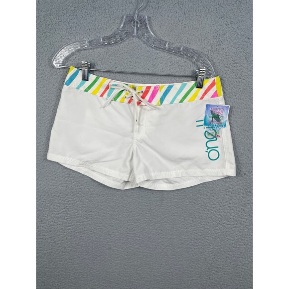 O'neill Junior Womens Size 3 White Swim Shorts Rainbow Waistband NWT - Picture 1 of 9